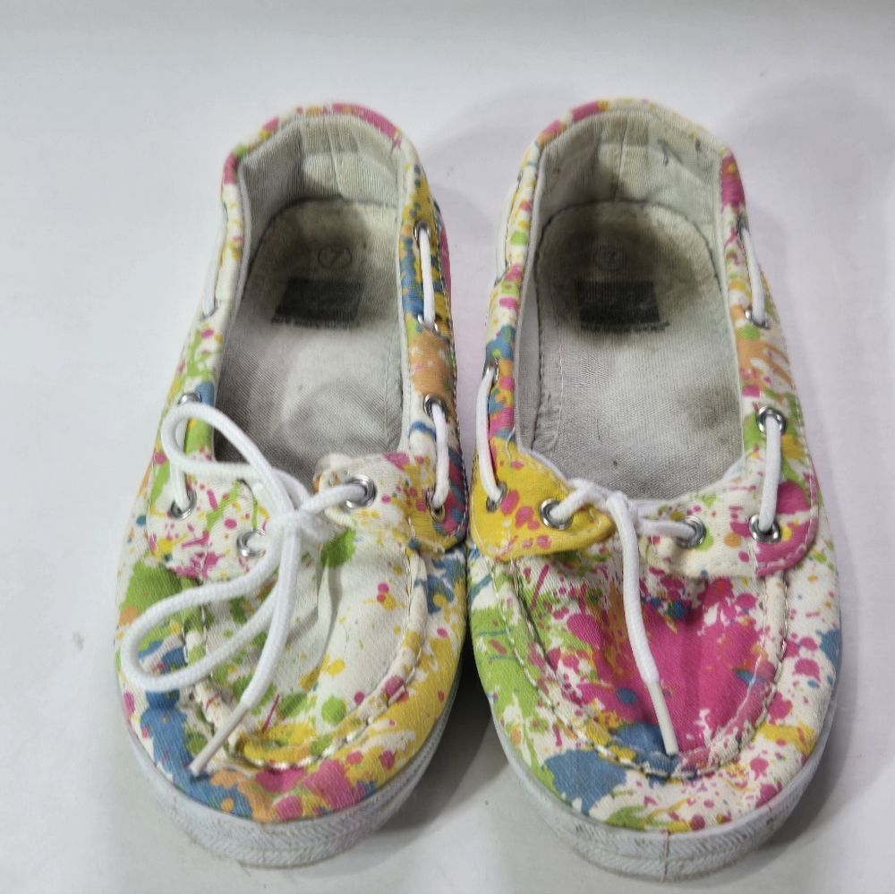 Blue Suede Shoes Colorful Paint Splatter Slip On Sneakers  - Size 7